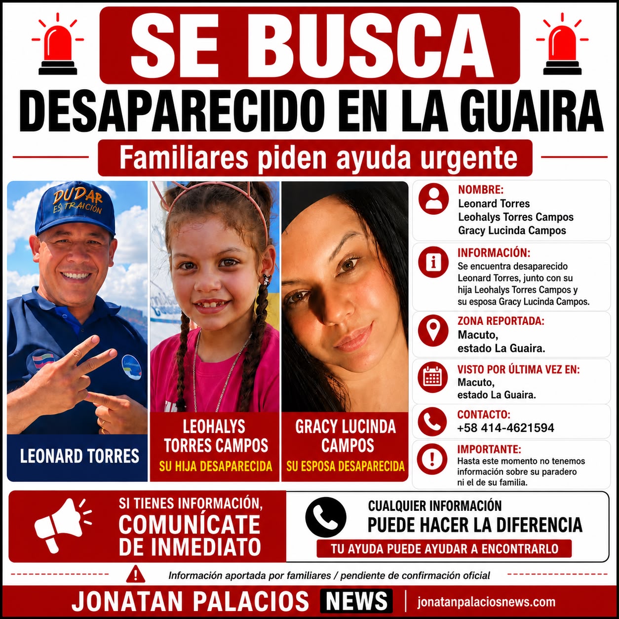 Leonard Torres, Leohalys Torres Campos y Gracy Lucinda Campos