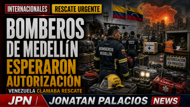 Portada editorial de Jonatan Palacios News sobre Bomberos de Medellín esperando autorización para entrar a Venezuela