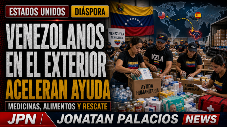 Portada editorial de Jonatan Palacios News sobre venezolanos en el exterior recolectando ayuda humanitaria