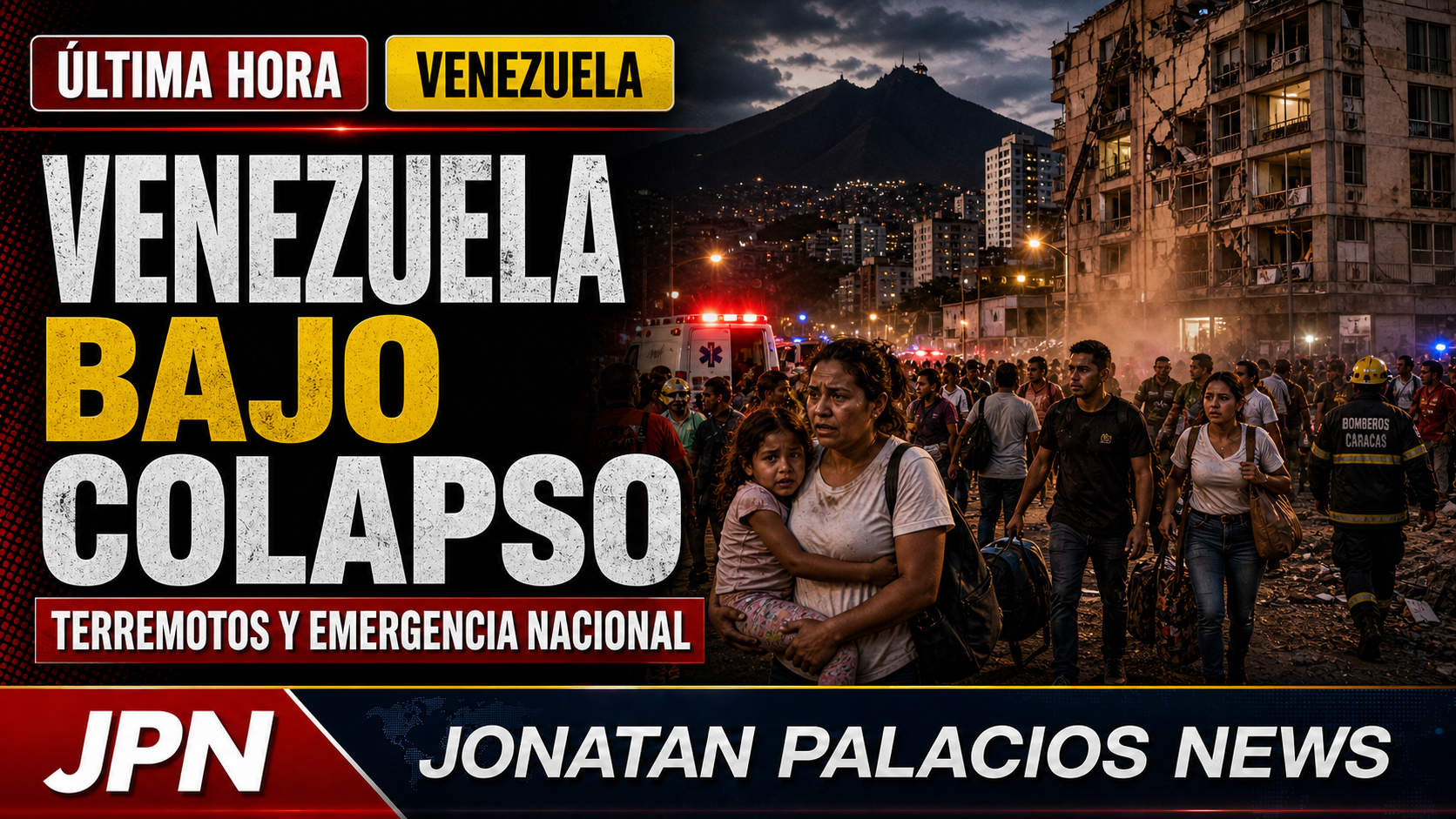 Imagen editorial de Jonatan Palacios News sobre terremotos, emergencia nacional y vulnerabilidad institucional en Venezuela.