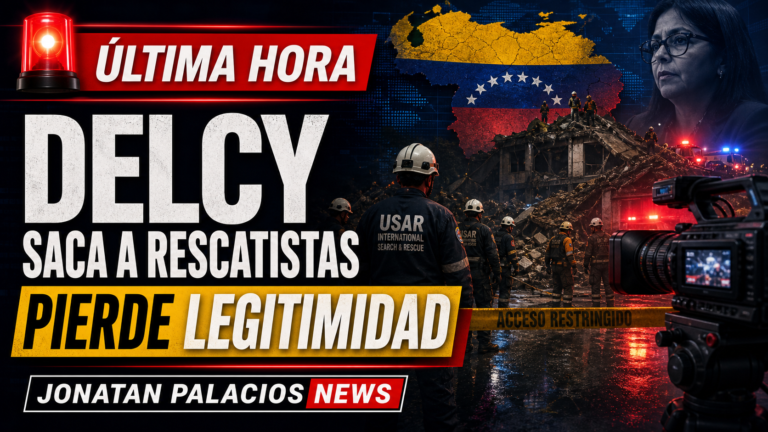 Imagen editorial principal de Jonatan Palacios News sobre Delcy Rodríguez, rescatistas internacionales en La Guaira y pérdida de legitimidad
