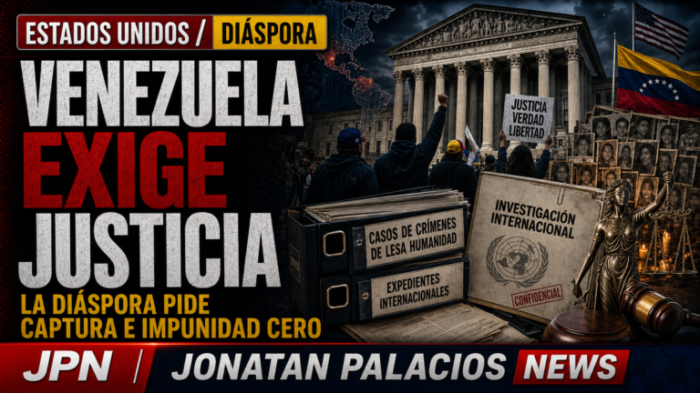 Portada editorial de Jonatan Palacios News sobre la diáspora venezolana exigiendo justicia internacional.