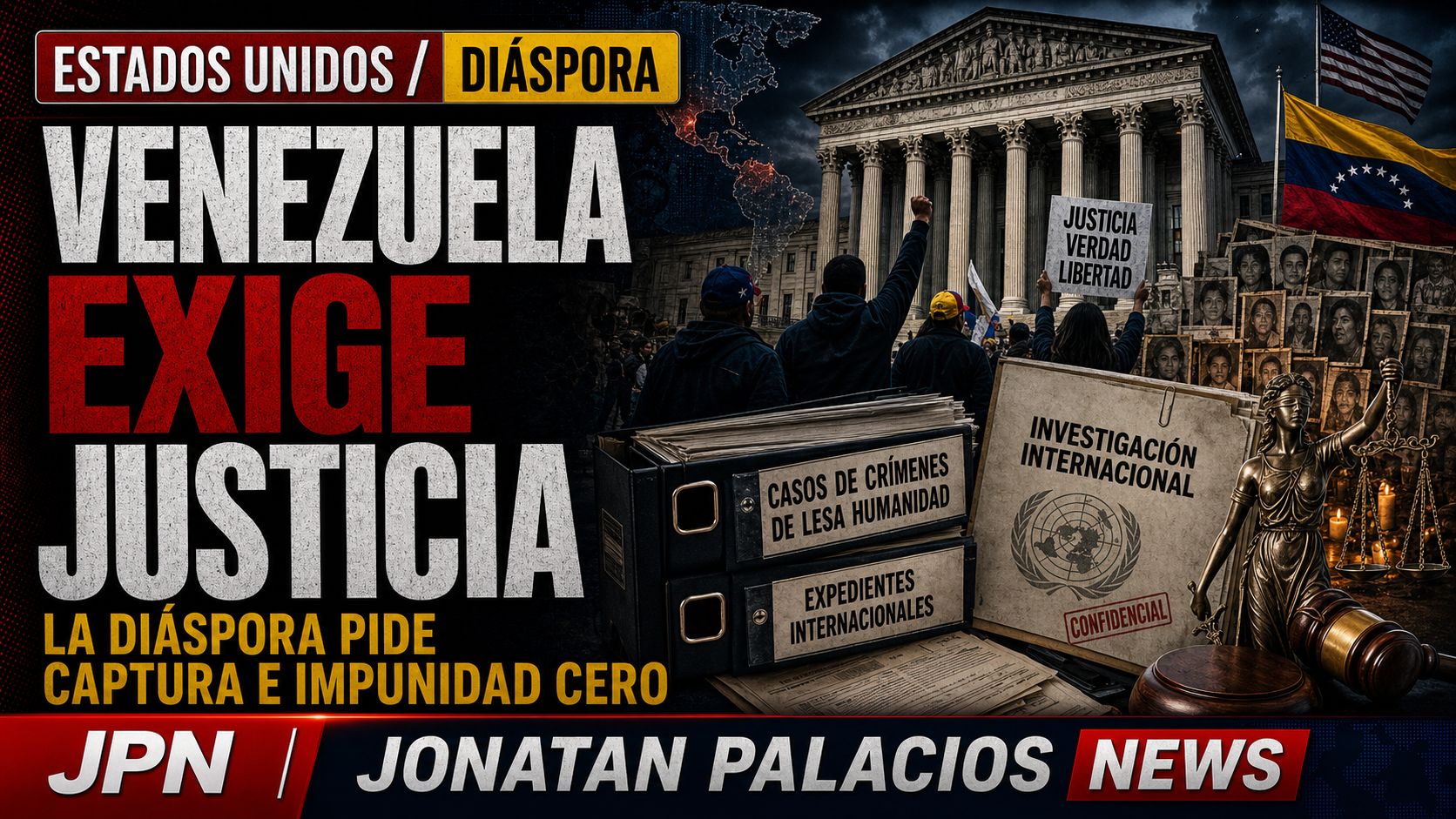 Portada editorial de Jonatan Palacios News sobre la diáspora venezolana exigiendo justicia internacional.