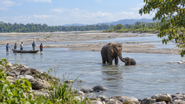 Miniatura limpia: Cinco pescadores rescatan a un elefante de cuatro días y lo reúnen con su madre tras cuatro kilómetros de río