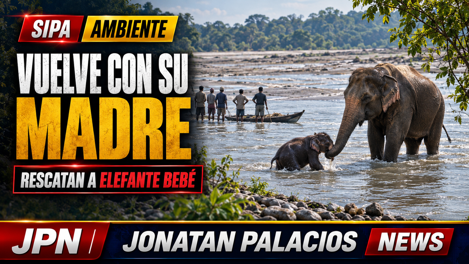 Cinco pescadores rescatan a un elefante de cuatro días y lo reúnen con su madre tras cuatro kilómetros de río