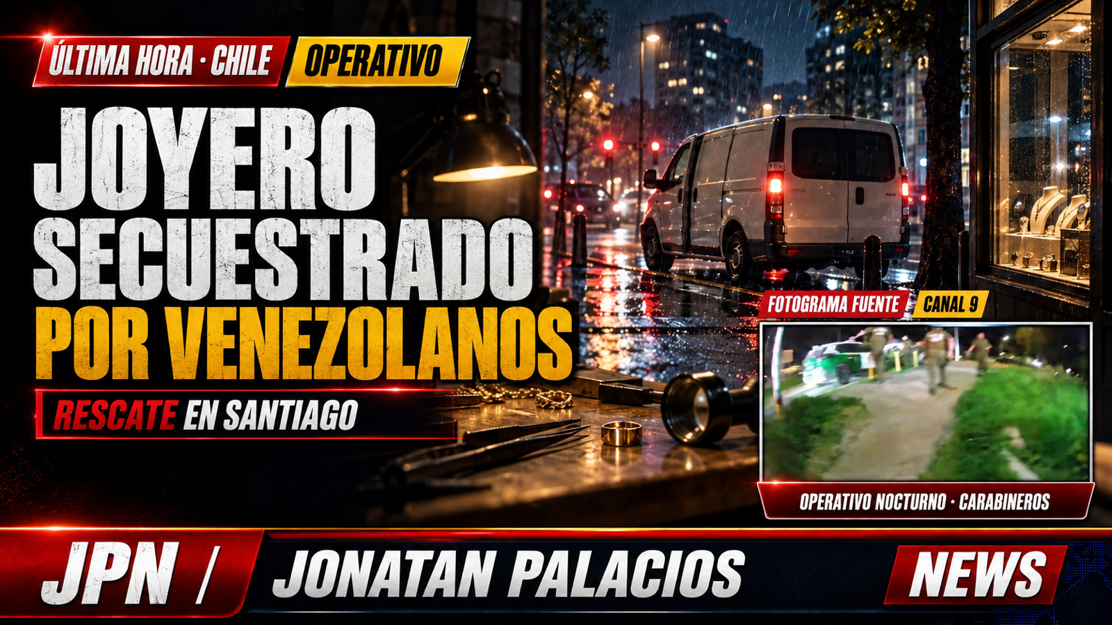 Portada editorial del rescate en Santiago: base ilustrada con IA y recuadro factual de Canal 9/Carabineros; no es una fotografía documental única.
