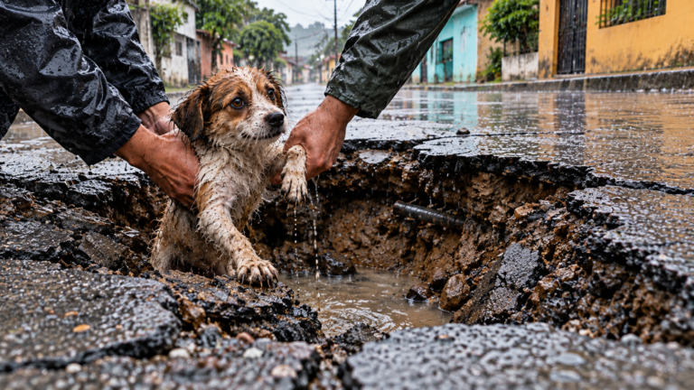 Miniatura limpia: Rescatan a un perro tras caer a un socavón en Mixco